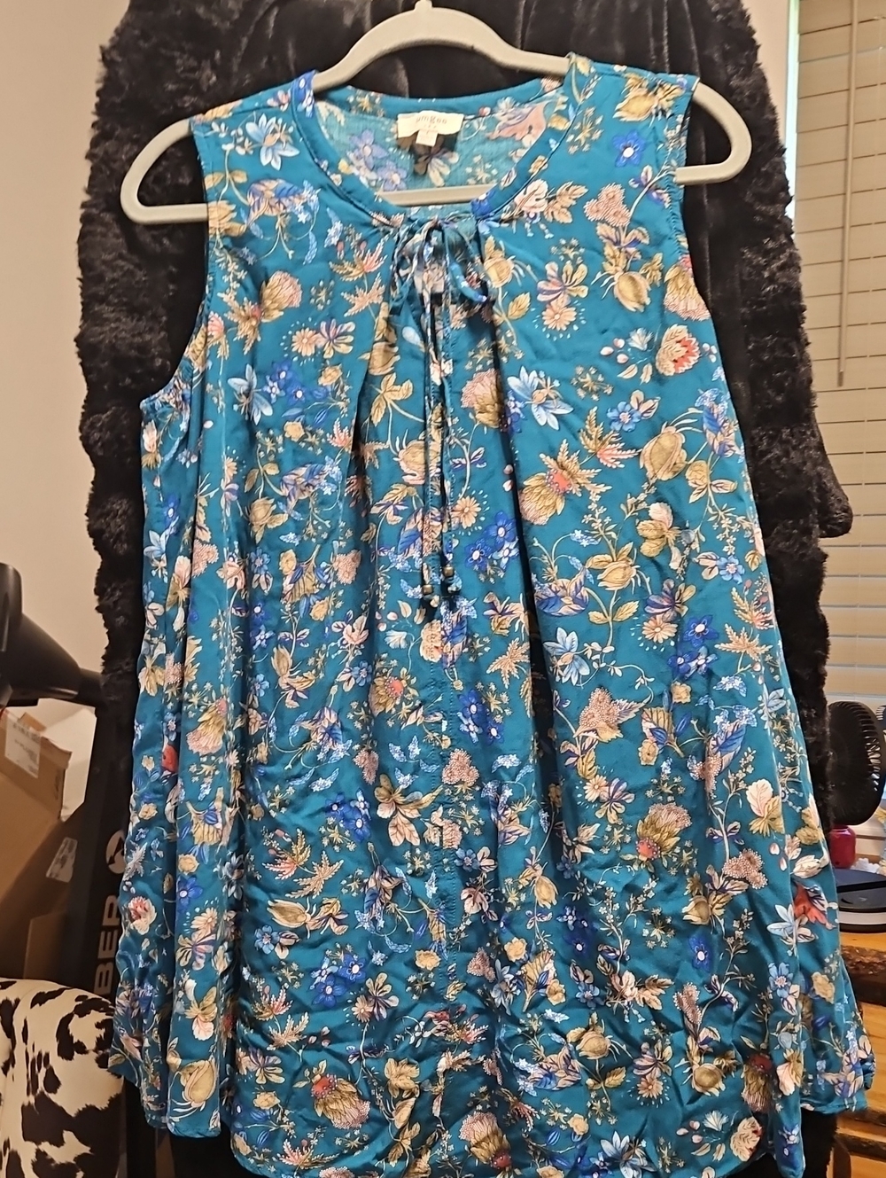 Sleeveless Tie-Neck Floral Tunic/Dress - Teal Blue